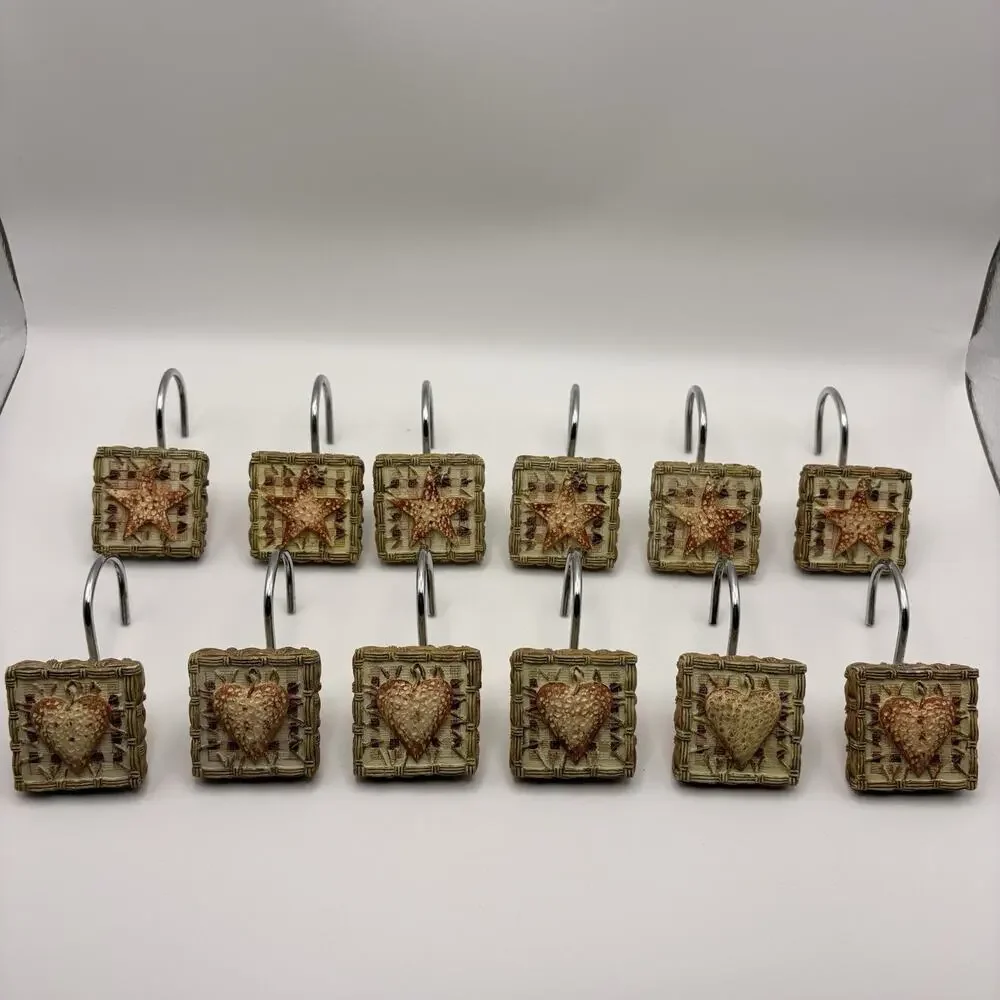 VINTAGE QUILTED HEARTS & STARS SHOWER CURTAIN HOOKS SET OF 12